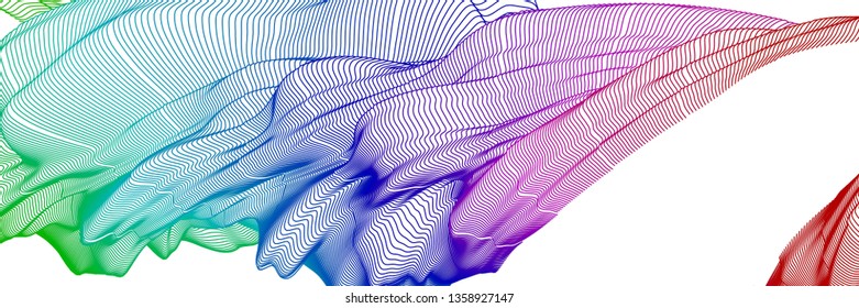Vector illustration of a colorful wireframe structure formed by the interweaving of smoothly curved lines against white background. A complex plexus backdrop.