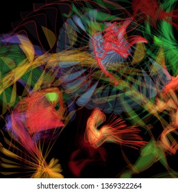 Vector illustration of a colorful wireframe structure formed by the interweaving of smoothly curved lines. A complex plexus backdrop resembling a fractal pattern. Crazy art concept.