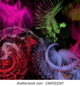 Vector illustration of a colorful wireframe structure formed by the interweaving of smoothly curved lines. A complex plexus backdrop resembling a fractal pattern. Crazy art concept.