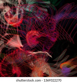 Vector illustration of a colorful wireframe structure formed by the interweaving of smoothly curved lines. A complex plexus backdrop resembling a fractal pattern. Crazy art concept.