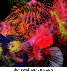 Vector illustration of a colorful wireframe structure formed by the interweaving of smoothly curved lines. A complex plexus backdrop resembling a fractal pattern. Crazy art concept.