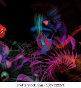 Vector illustration of a colorful wireframe structure formed by the interweaving of smoothly curved lines. A complex plexus backdrop resembling a fractal pattern. Crazy art concept.