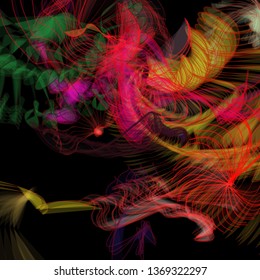 Vector illustration of a colorful wireframe structure formed by the interweaving of smoothly curved lines. A complex plexus backdrop resembling a fractal pattern. Crazy art concept.