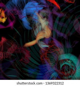 Vector illustration of a colorful wireframe structure formed by the interweaving of smoothly curved lines. A complex plexus backdrop resembling a fractal pattern. Crazy art concept.