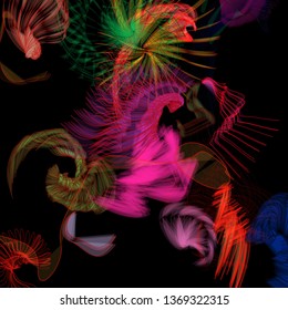 Vector illustration of a colorful wireframe structure formed by the interweaving of smoothly curved lines. A complex plexus backdrop resembling a fractal pattern. Crazy art concept.