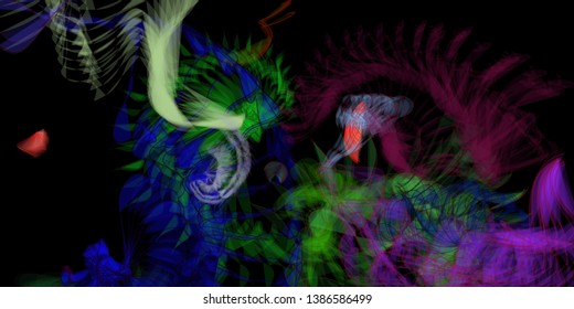 Vector illustration of a colorful wireframe structure formed by the interweaving of smoothly curved lines. A complex plexus backdrop resembling a fractal pattern. Crazy art concept.