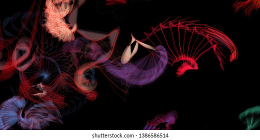 Vector illustration of a colorful wireframe structure formed by the interweaving of smoothly curved lines. A complex plexus backdrop resembling a fractal pattern. Crazy art concept.
