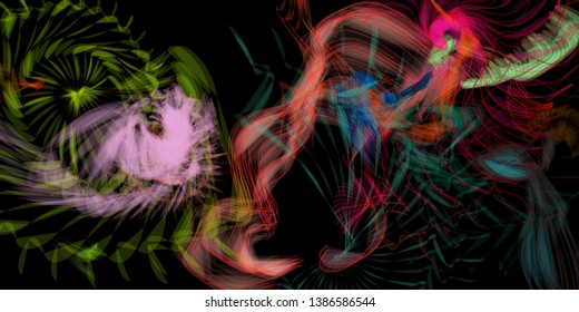 Vector illustration of a colorful wireframe structure formed by the interweaving of smoothly curved lines. A complex plexus backdrop resembling a fractal pattern. Crazy art concept.