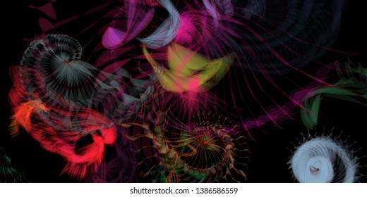 Vector illustration of a colorful wireframe structure formed by the interweaving of smoothly curved lines. A complex plexus backdrop resembling a fractal pattern. Crazy art concept.