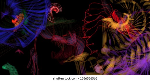 Vector illustration of a colorful wireframe structure formed by the interweaving of smoothly curved lines. A complex plexus backdrop resembling a fractal pattern. Crazy art concept.