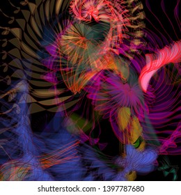 Vector illustration of a colorful wireframe structure formed by the interweaving of smoothly curved lines. A complex plexus backdrop resembling a fractal pattern. Crazy art concept.