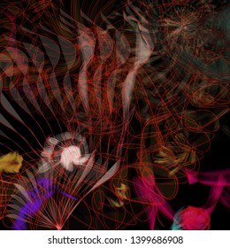Vector illustration of a colorful wireframe structure formed by the interweaving of smoothly curved lines. A complex plexus backdrop resembling a fractal pattern. Crazy art concept. Multicolored chaos