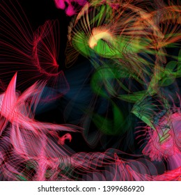 Vector illustration of a colorful wireframe structure formed by the interweaving of smoothly curved lines. A complex plexus backdrop resembling a fractal pattern. Crazy art concept. Multicolored chaos