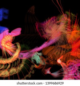 Vector illustration of a colorful wireframe structure formed by the interweaving of smoothly curved lines. A complex plexus backdrop resembling a fractal pattern. Crazy art concept. Multicolored chaos