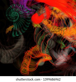 Vector illustration of a colorful wireframe structure formed by the interweaving of smoothly curved lines. A complex plexus backdrop resembling a fractal pattern. Crazy art concept. Multicolored chaos