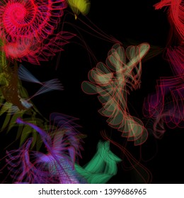 Vector illustration of a colorful wireframe structure formed by the interweaving of smoothly curved lines. A complex plexus backdrop resembling a fractal pattern. Crazy art concept. Multicolored chaos