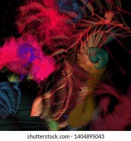 Vector illustration of a colorful wireframe structure formed by the interweaving of smoothly curved lines. A complex plexus backdrop resembling a fractal pattern. Crazy art concept. Multicolored chaos