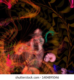 Vector illustration of a colorful wireframe structure formed by the interweaving of smoothly curved lines. A complex plexus backdrop resembling a fractal pattern. Crazy art concept. Multicolored chaos