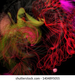 Vector illustration of a colorful wireframe structure formed by the interweaving of smoothly curved lines. A complex plexus backdrop resembling a fractal pattern. Crazy art concept. Multicolored chaos