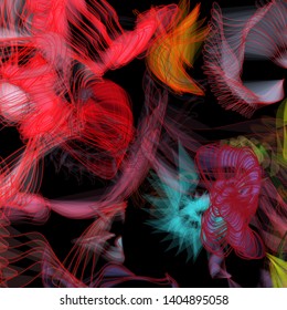 Vector illustration of a colorful wireframe structure formed by the interweaving of smoothly curved lines. A complex plexus backdrop resembling a fractal pattern. Crazy art concept. Multicolored chaos