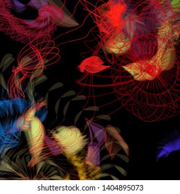 Vector illustration of a colorful wireframe structure formed by the interweaving of smoothly curved lines. A complex plexus backdrop resembling a fractal pattern. Crazy art concept. Multicolored chaos