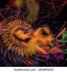 Vector illustration of a colorful wireframe structure formed by the interweaving of smoothly curved lines. A complex plexus backdrop resembling a fractal pattern. Crazy art concept. Multicolored chaos