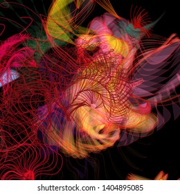 Vector illustration of a colorful wireframe structure formed by the interweaving of smoothly curved lines. A complex plexus backdrop resembling a fractal pattern. Crazy art concept. Multicolored chaos
