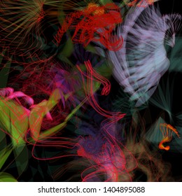 Vector illustration of a colorful wireframe structure formed by the interweaving of smoothly curved lines. A complex plexus backdrop resembling a fractal pattern. Crazy art concept. Multicolored chaos