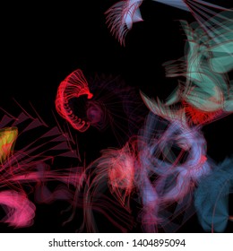 Vector illustration of a colorful wireframe structure formed by the interweaving of smoothly curved lines. A complex plexus backdrop resembling a fractal pattern. Crazy art concept. Multicolored chaos