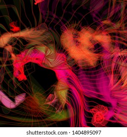 Vector illustration of a colorful wireframe structure formed by the interweaving of smoothly curved lines. A complex plexus backdrop resembling a fractal pattern. Crazy art concept. Multicolored chaos