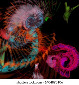 Vector illustration of a colorful wireframe structure formed by the interweaving of smoothly curved lines. A complex plexus backdrop resembling a fractal pattern. Crazy art concept. Multicolored chaos