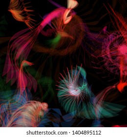 Vector illustration of a colorful wireframe structure formed by the interweaving of smoothly curved lines. A complex plexus backdrop resembling a fractal pattern. Crazy art concept. Multicolored chaos