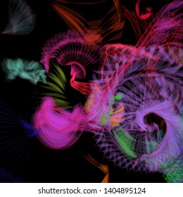 Vector illustration of a colorful wireframe structure formed by the interweaving of smoothly curved lines. A complex plexus backdrop resembling a fractal pattern. Crazy art concept. Multicolored chaos