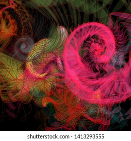 Vector illustration of a colorful wireframe structure formed by the interweaving of smoothly curved lines. A complex plexus backdrop resembling a fractal pattern. Crazy art concept.