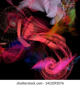 Vector illustration of a colorful wireframe structure formed by the interweaving of smoothly curved lines. A complex plexus backdrop resembling a fractal pattern. Crazy art concept.