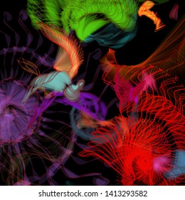 Vector illustration of a colorful wireframe structure formed by the interweaving of smoothly curved lines. A complex plexus backdrop resembling a fractal pattern. Crazy art concept.