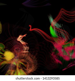 Vector illustration of a colorful wireframe structure formed by the interweaving of smoothly curved lines. A complex plexus backdrop resembling a fractal pattern. Crazy art concept.