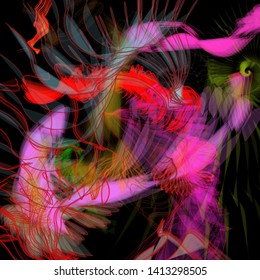 Vector illustration of a colorful wireframe structure formed by the interweaving of smoothly curved lines. A complex plexus backdrop resembling a fractal pattern. Crazy art concept.