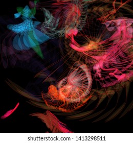 Vector illustration of a colorful wireframe structure formed by the interweaving of smoothly curved lines. A complex plexus backdrop resembling a fractal pattern. Crazy art concept.