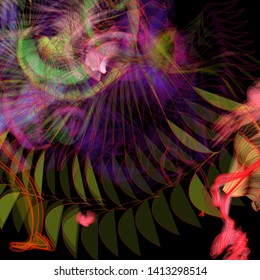 Vector illustration of a colorful wireframe structure formed by the interweaving of smoothly curved lines. A complex plexus backdrop resembling a fractal pattern. Crazy art concept.