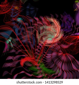 Vector illustration of a colorful wireframe structure formed by the interweaving of smoothly curved lines. A complex plexus backdrop resembling a fractal pattern. Crazy art concept.