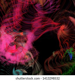Vector illustration of a colorful wireframe structure formed by the interweaving of smoothly curved lines. A complex plexus backdrop resembling a fractal pattern. Crazy art concept.