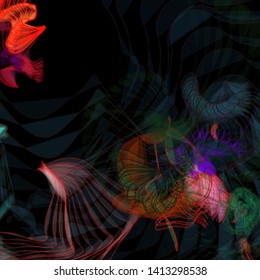 Vector illustration of a colorful wireframe structure formed by the interweaving of smoothly curved lines. A complex plexus backdrop resembling a fractal pattern. Crazy art concept.