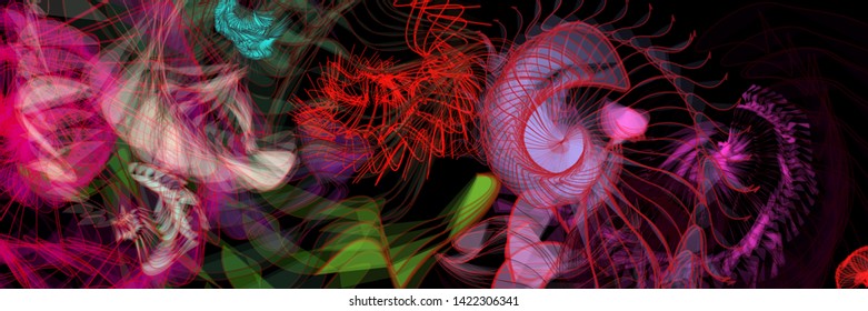 Vector illustration of a colorful wireframe structure formed by the interweaving of smoothly curved lines. A complex plexus backdrop resembling a surrealistic pattern. Crazy art concept.