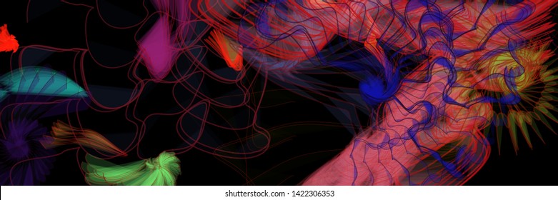 Vector illustration of a colorful wireframe structure formed by the interweaving of smoothly curved lines. A complex plexus backdrop resembling a surrealistic pattern. Crazy art concept.
