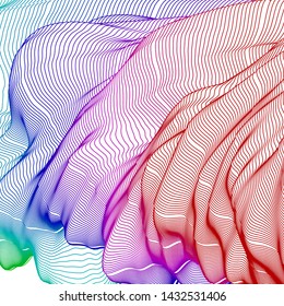 Vector illustration of a colorful wireframe structure formed by the interweaving of smoothly curved lines against white background. A complex plexus backdrop.