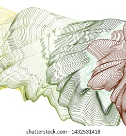Vector illustration of a colorful wireframe structure formed by the interweaving of smoothly curved lines against white background. A complex plexus backdrop.