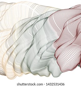 Vector illustration of a colorful wireframe structure formed by the interweaving of smoothly curved lines against white background. A complex plexus backdrop.