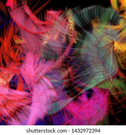 Vector illustration of a colorful wireframe structure formed by the interweaving of smoothly curved lines. A complex plexus backdrop resembling a fractal pattern. Crazy art concept.