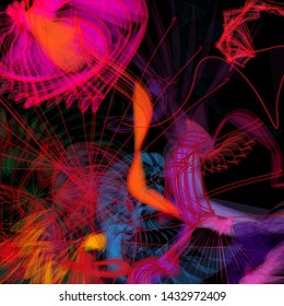 Vector illustration of a colorful wireframe structure formed by the interweaving of smoothly curved lines. A complex plexus backdrop resembling a fractal pattern. Crazy art concept.